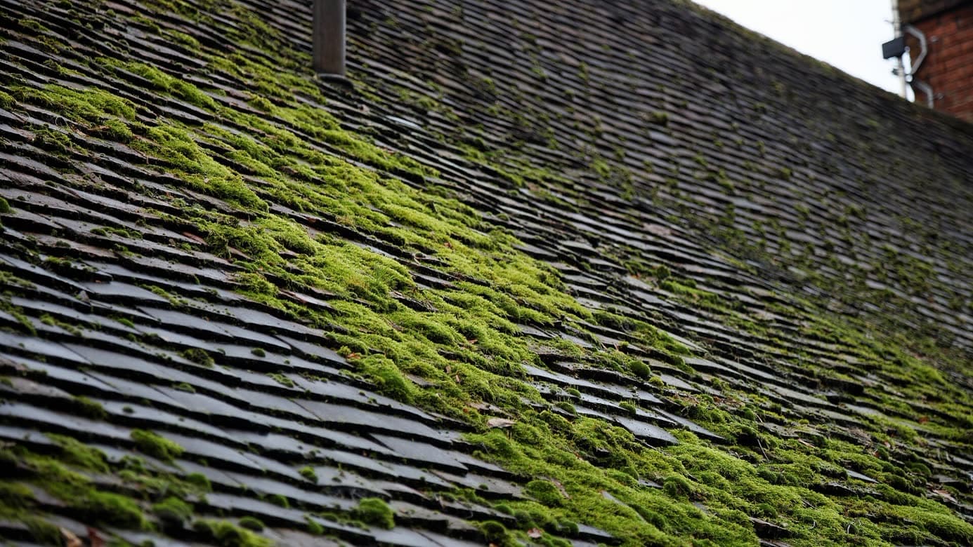 Mousse installée sur une toiture en tuiles plates